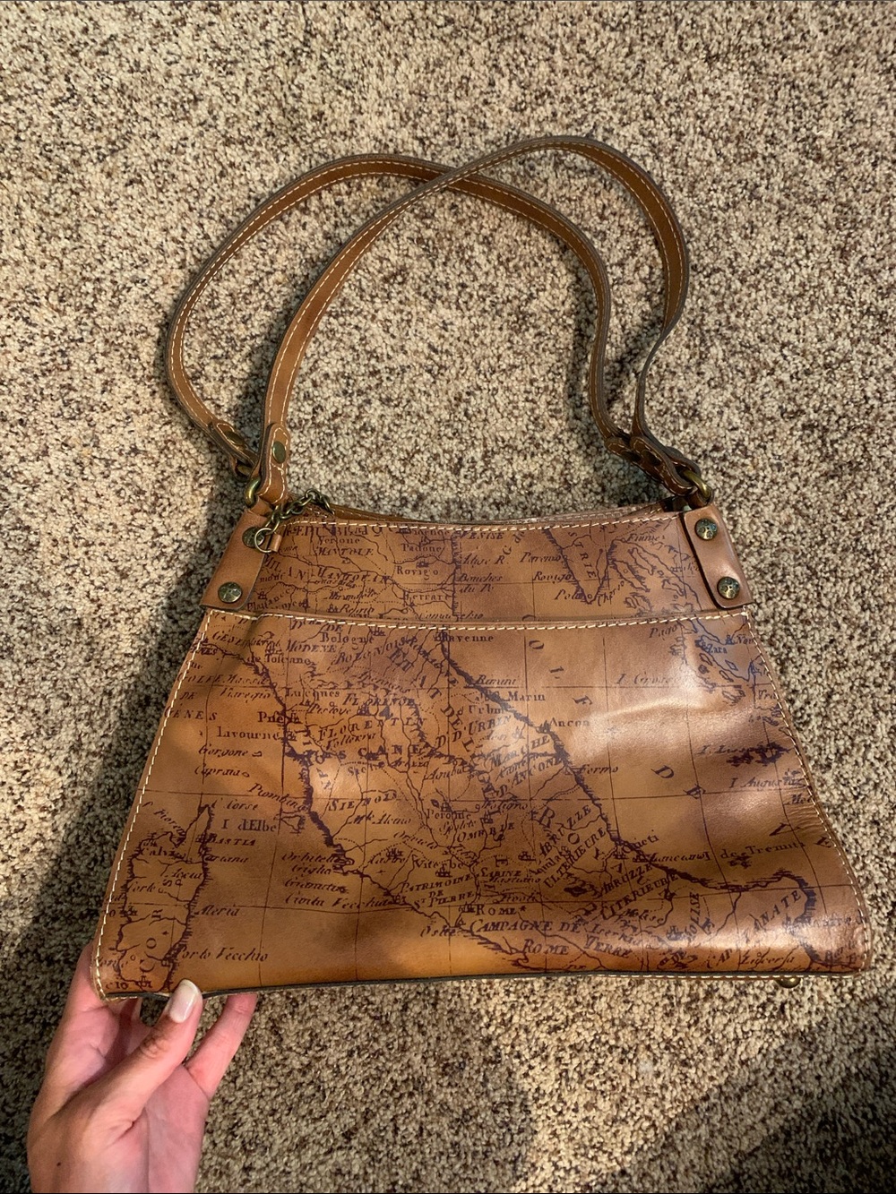 Patricia Nash Vintage Map-Print Leather Shoulder Bag - Tan/Brown